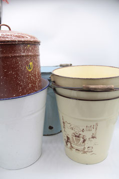 Emaille Eimer ca. 10 L Liter DDR Wassereimer weiß blauer Rand braun Pflanzkübel