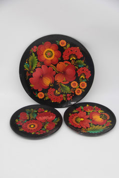 3er Set Teller Platten Khokhloma Lackmalerei Russische Volkskunst Holz DDR UdSSR