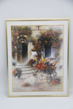 Kunstdruck gerahmt in messingfarbenen Rahmen Katze Blumenwagen 40x50cm romantisch