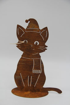 Gartendeko Katze mit Mütze rost Weihnachten