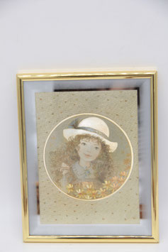 romantisches Dufex Folienbild gerahmt gold Mädchen mit Hut Herzen Blumen 20x25cm