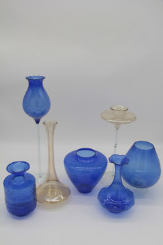 7er Set Vasen Lauscha Glas Mundgeblasen DDR filigran blau Muster Glasvasen