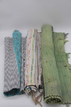 3er Set gewebter Flickenteppich blau grau grün bunt Upcycling-Stil Vorleger
