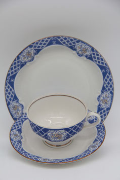 3tlg. Sammeltassengedeck CP Lettin DDR blau weiß gold Rosen Musterrand retro