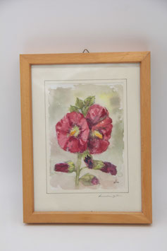 Heinz Dereschkewitz original Aquarell Stockrose gerahmt Holzrahmen 2004