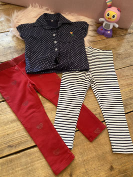 2 leggings van Hema en H&M met gestipt donkerblauwe blouse in maat 92