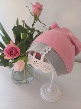 einlagige beanie rosa mit grauen bündchen ku 49-54