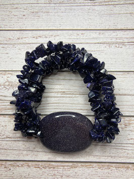 Goldfluss blau Blaufluss, Splitter Armband 4reihig, mit Scheibenstein 35 x 31 mm,  elastisch Stretchband 19 cm lang, ohne Deko