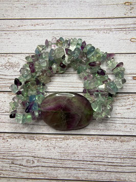 Fuorit Regenbogenfluorit, Splitter Armband 4reihig mit Scheibenstein 35 x 31 mm, 19 cm lang elastisch - ohne Deko