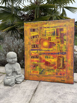 Sans titre 50 — Peinture originale abstraite géométrique couteau orange jaune 61×50 cm