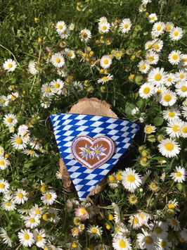 Dreieckstuch Hundehalsband "Raute blau-weiß + 2 Edelweißblumen im Lebkuchenherz"