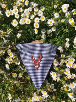 Dreieckstuch Hundehalsband "blau klein-kariert + Hirsch rot"