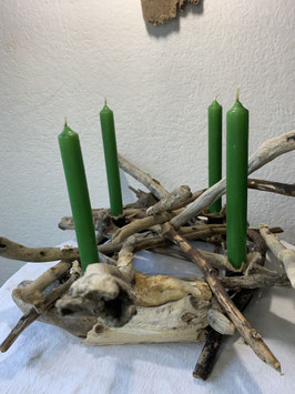 Bougeoir en bois flotté et 4 bougies vertes
