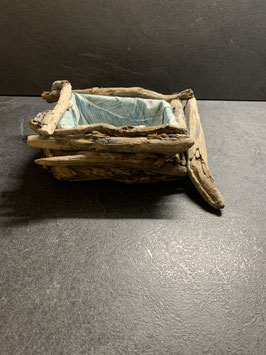 Corbeille en bois flotté, intérieur tissu imprimé