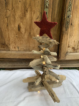Sapin de Noël en bois flotté, 50 cm, étoile bordeaux et guirlande lumineuse