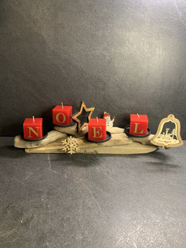 Bougeoir en bois flotté et 4 bougies de Noël rouges