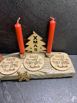 Bougeoir en bois flotté décoré de sujets en bois et 4 bougies rouges pour table de Noël