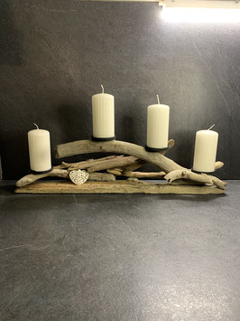 Bougeoir écolo en bois flotté et 4 bougies blanches
