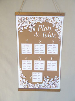 Panneau kakémono Plan de Table du mariage en papier ciselé de fleurs