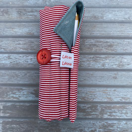 Trousse roulée en coton rayé rouge et blanc...avec crayons de couleur