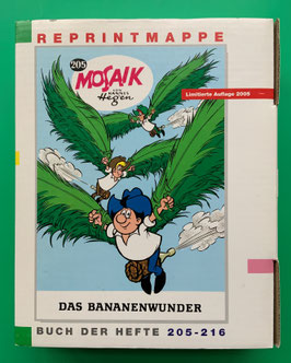 Mosaik Digedags originale Reprintmappe 18 Nummern 205 - 216 komplett mit Umkarton, Innenkarton, Beilage Blatt Skizzenblock Hegen sowie 12 Reprintheften in exzellentem Zustand