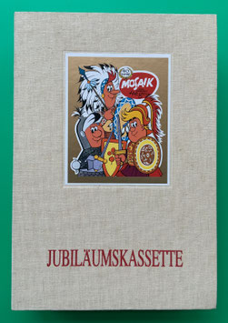 Mosaik Digedags originale Jubiläumskassette 1 40 Jahre Mosaik Nummern 1 - 12 mit Innenkarton, Beilage Jubiläumsheft Zeichnungen Hegen sowie 12 Reprintheften (ohne Umschlag) in exzellentem Zustand