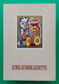 Mosaik Digedags originale Jubiläumskassette 1 40 Jahre Mosaik mit Innenkarton, Beilage Jubiläumsheft Zeichnungen Hegen sowie 12 Reprintheften (ohne Umschlag)