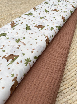 Dinosaurier Baumwolle + Waffelpique Rostbraun – Stoffpaket 2x 0,50m – bunte Dinos, Kinderstoffe, Baby, DIY, Nähen, Patchwork
