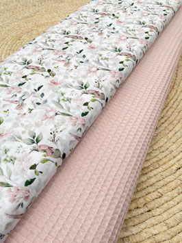 Nähset „Hummingbird Blossom“ – Baumwollstoff & Waffelpiqué in Rosé – 2×50 cm | Zartes Blumen-Design