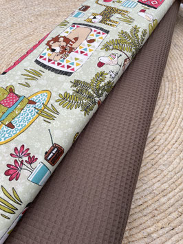 Baumwollstoff Safari Tiere auf Picknick + Waffelpiqué Braun – lustiger Kombistoff für Kinderprojekte – Verkauf je 0,50 cm