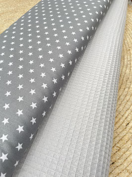 2er Stoffpaket Waffelpique in Grau und Baumwolle Grau mit Sternen in Weiß  2x0.5m ideal für Patchwork Deko Kleidung und Heimtextilien.