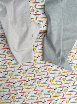 Jersey Stoff Tiere & Krokodile  mit passendem Bündchen – Beige oder Olivgrün gestreift – Kinderstoff Meterware