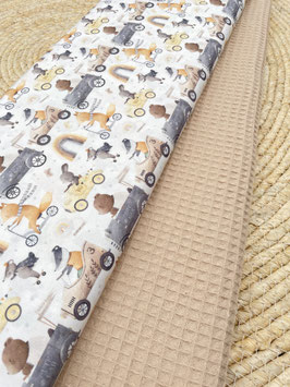 Baumwollstoff Tiere im Rennauto + Waffelpiqué Beige – süße Stoffkombi für Baby & Kinder – Verkauf je 0,50 cm