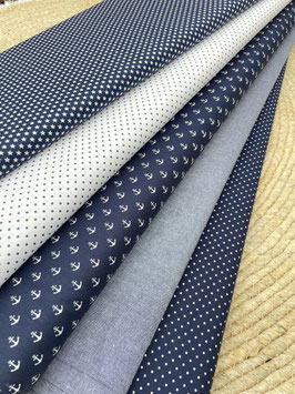 Maritimer Baumwollstoff Blau Weiß – Anker Sterne Punkte – Patchwork Stoff, Dekostoff, Kinderstoff, Meterware