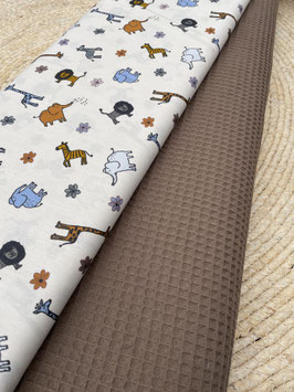 Baumwollstoff Safari Tiere + Waffelpiqué Braun – Kombistoff für Baby & Kinderprojekte – Verkauf je 0,50 cm