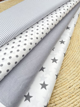 Baumwollstoff Grau Weiß – Uni Streifen Sterne Punkte – Patchwork Stoff, Dekostoff, Kinderstoff, Meterware