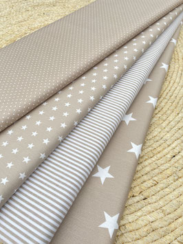 Baumwollstoff Beige Weiß – Streifen Sterne Punkte – Patchwork Stoff, Dekostoff, Kinderstoff, Meterware
