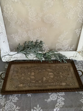 nr:B31 oud dienblad met glas met daarin uitgesneden hert hout