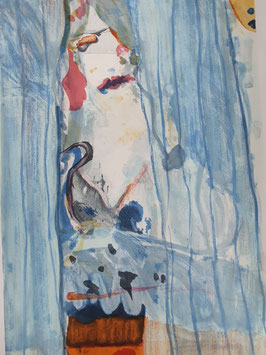 Behind a blue curtain