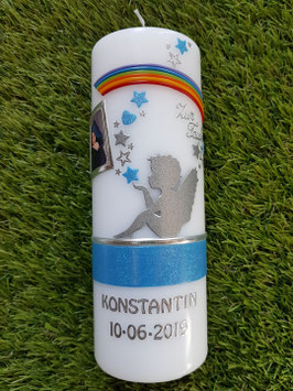 Taufkerze SK154-1 SCHUTZENGEL sitzend mit Foto / Lichtblau Holoflitter & Silberschrift / Regenbogen