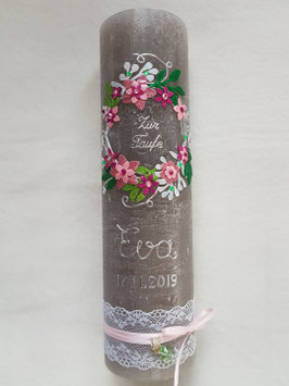 Vintage Rustic Taufkerze Blumenkranz TK471-V / Kerze Taupe / Silber-Altrosa-Rosa-Pink Holoflitter