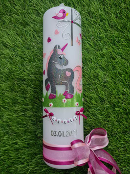 Taufkerze Einhorn TK265-1 Anthrazit-Rosa-Pink Holoflitter / Kreuz