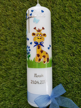 Taufkerze TK278 "Giraffe" in Gelb-Braun-Dunkelblau-Hellblau Flitter/ Silberschrift