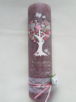 Vintage Rustic Taufkerze Lebensbaum TK405-V / Kerze in Bordeaux / Rosa-Zartrosa-Silber-Altrosa Holoflitter