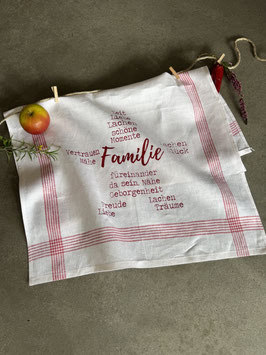 Weihnachtliche Geschirrtücher aus Halbleinen – handbedruckt in festlichem Rot