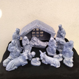Crèche complète 16 pièces Faience De Desvres bleu Craquelé
