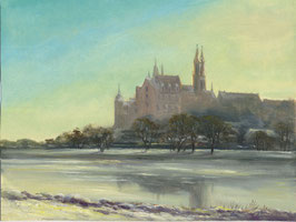Öl auf Papier, "Eiseskälte an der Elbe bei Meißen", 18 x 24 cm