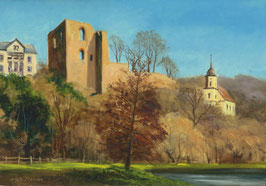 Öl auf Papier, "Ruine Tharandt", 21 x 30 cm
