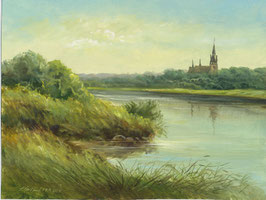 Öl auf Papier, "Elbe bei Kaditz mit Kirche Briesnitz", 18 x 24 cm