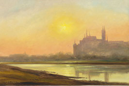 Öl auf Papier, "Morgen an der Elbe bei Meißen", 20 x 30 cm